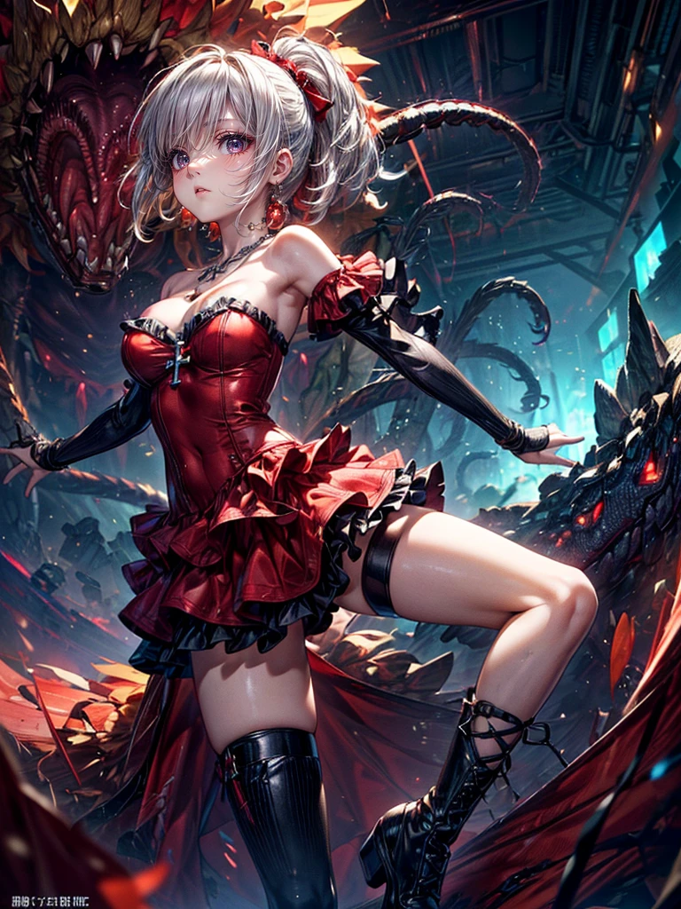 High resolution, Winner of numerous awards, Ultra high definition, Textured skin, retina,
masterpiece,(bestquality),highlydetailed,ultra-detailed,1girl,
BREAK (red theme:1.2), (stylish mini dress with a playful and bold design:1.3), (All red), (necklace with cross decoration:1.3), ((skirt is composed of multiple layers of ruffled tulle fabric, alternating between vibrant red, creating a striking contrast):1.4), ((red dress has a strapless design, emphasizing shoulders and neck, hem of skirt is slightly flared, giving it a fun and flirty vibe, red dress is paired with knee-high):1.3),
BREAK ((black leather boots that have a rugged look, adorned with silver studs around ankle):1.2),mechanical.Very Short Hair、Blonde near the sea、Mechanical Monsters:1.3(A girl facing off against a giant enemy:1.2)(highly detailed arms and legs)(Summon a giant centipede monster:1.2)