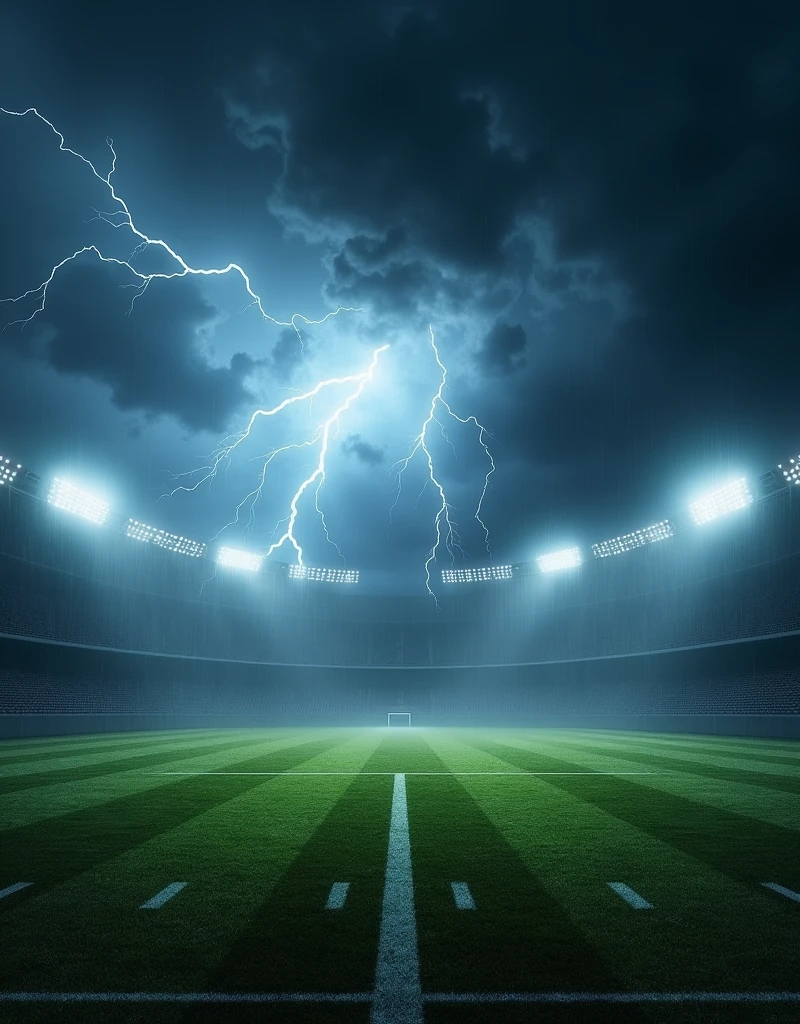 storm with lightning and thunder on a football field without fans or players