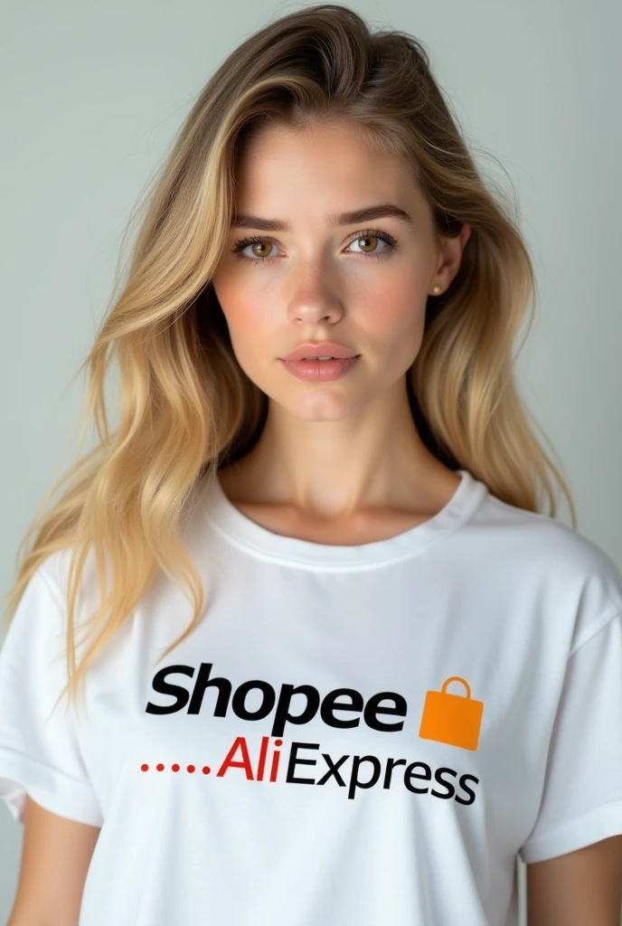 White woman with brown eyes and blonde hair wearing a t-shirt that says SHOPEE, ALIEXPRESS