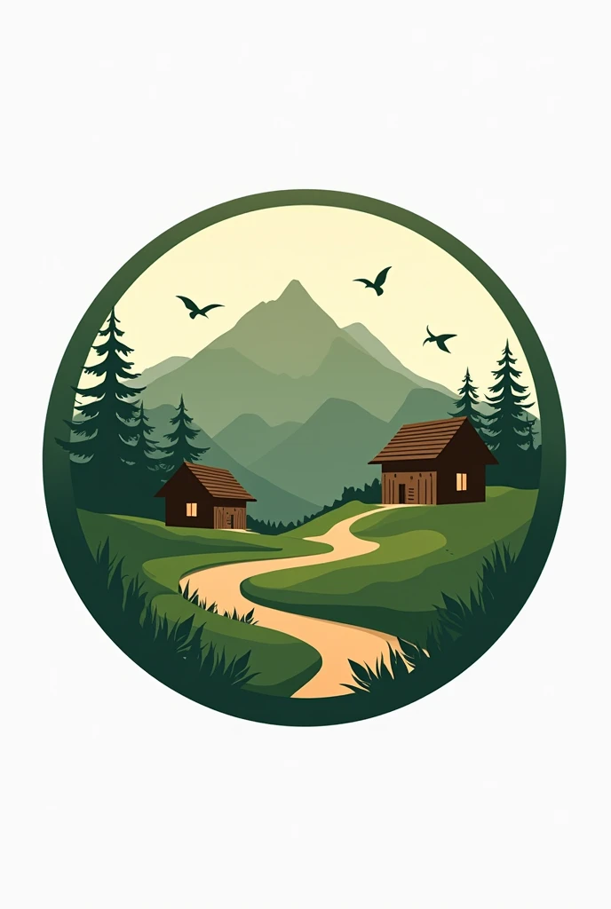 Circular logo of an extreme tourism and ecological hospitality company called Aventura Róga with elements such as a hill, cabins, nature, single color moss green and hiking