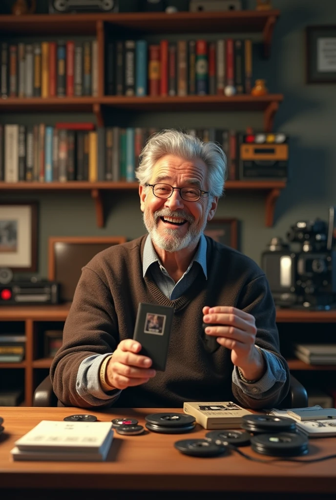 Generate an image of cinephile, he must be an encyclopedia of films, his background surrounding mustbe shows his film enthusiasm,his room need film cameras, film rolls, a bookshelf, cassette player and he must be in a happy moment, some film DVDs in the table, and a film roll in one hand,