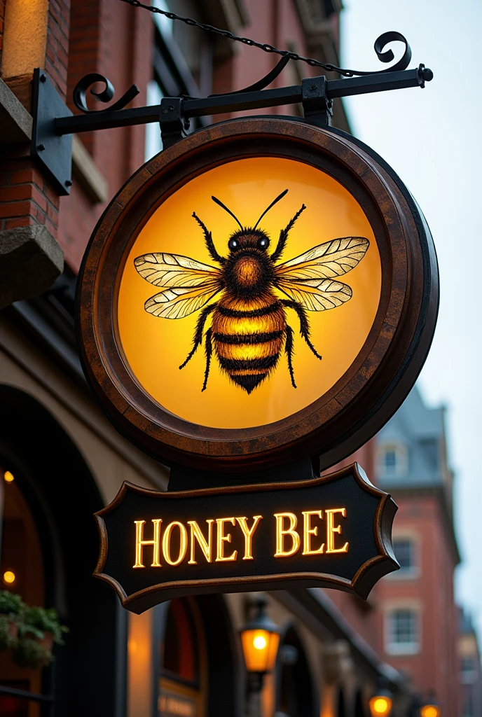 1 large LUXURY restaurant located in Ohio , LUXURY sign BBQ HONNEY BEE . Below is a board with a picture of a cute bee.