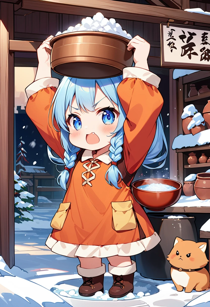 Highest quality、High resolution、Detailed Background、Beautiful face in every detail、Anatomically correct、Detailed facial expressions、fine grain、((full body, from side:1.5, looking away:1.2)), break ((One Girl:1.5)、((Chibi Girl:1.5)))、Bright pretty hair color、Big beautiful blue eyes、Fuller lips、Pink Lips、Braided twintails、Ahoge、break ((Cute potter costume、Place your hands above your head、Hold the pot with both hands:1.5、Very angry look:1.5))、(The background is a ceramic kiln、Workshop、Lots of broken pottery、Snow Scene)