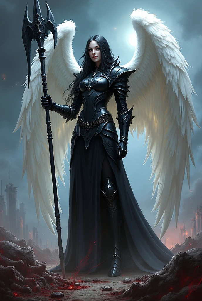 (pathfinder:1.2), fullheight, angel, sexy female. pale skin, beautiful face, black eyes, white wings, gothic black armor with sharp edges, no nude, very long ebony hair, holding huge glaive, on the battlefield, corpses and blood and death around her, at the dark midnight, pathfinder wrath of rightous style