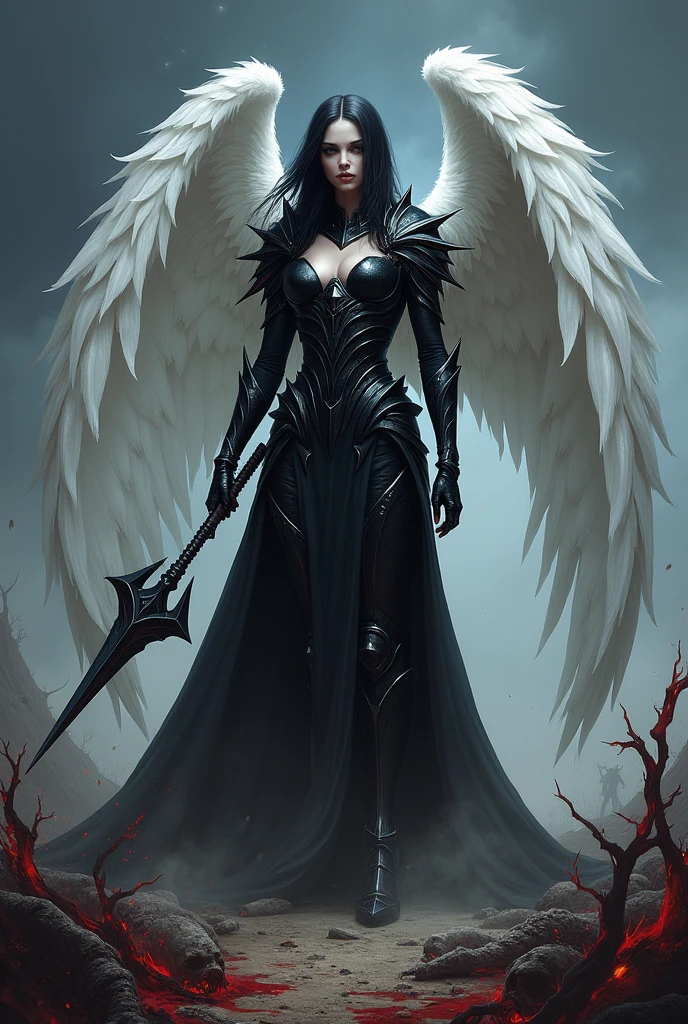(pathfinder:1.2), fullheight, angel, sexy female. pale skin, beautiful face, black eyes, white wings, gothic black armor with sharp edges, no nude, very long ebony hair, holding huge glaive, on the battlefield, corpses and blood and death around her, at the dark midnight, pathfinder wrath of rightous style