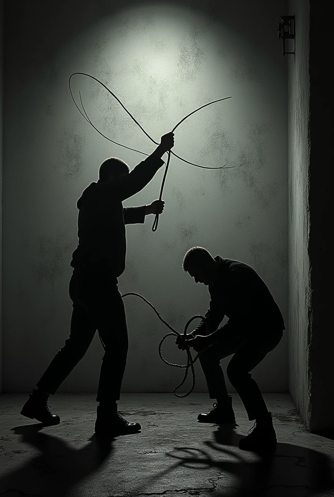 An image showing the silhouettes of two people cast on a rough, textured wall. One silhouette is of a person raising a whip, captured mid-motion as if preparing to strike. The other silhouette shows a figure recoiling or bending down, bracing for impact. The scene is dramatic and tense, with the shadows dark and sharply defined against the dimly lit background, conveying a sense of fear and punishment. The overall atmosphere is sombre, with muted tones and dim lighting to emphasize the severity of the situation."