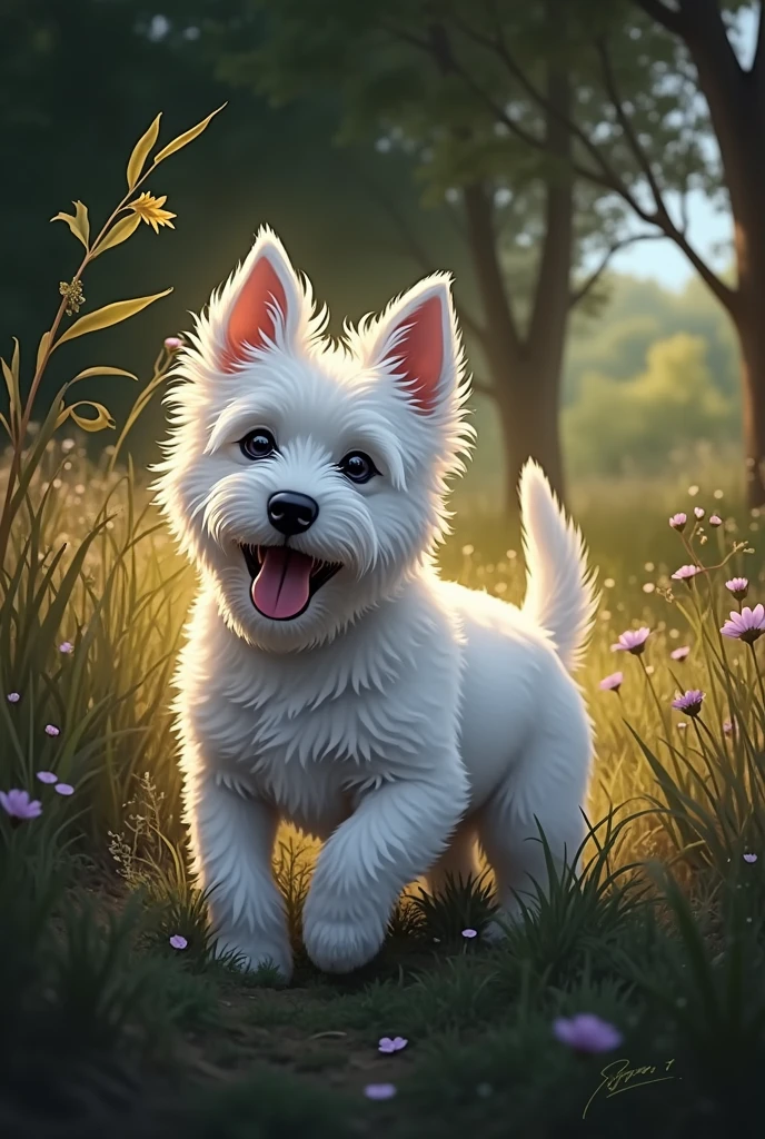 West Highland White Terrier、Active and intelligent、An illustration、Still 、1 head、running、