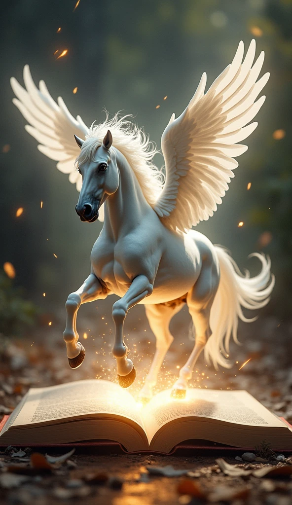 Masterpiece. 16K. UHD. High quality, Photorealism. Thematic background.
White horse Pegasus, Magical energy on the hooves. mythical hybrid creature in ancient Greek mythology - a winged horse, a favorite of the muses. Jumps out of an open book. full-length shot. fantasy. Mysticism.
Stunning full-color design, sharp focus, studio shooting, intricate details, high detail, detailed anatomy. Hyperrealism.