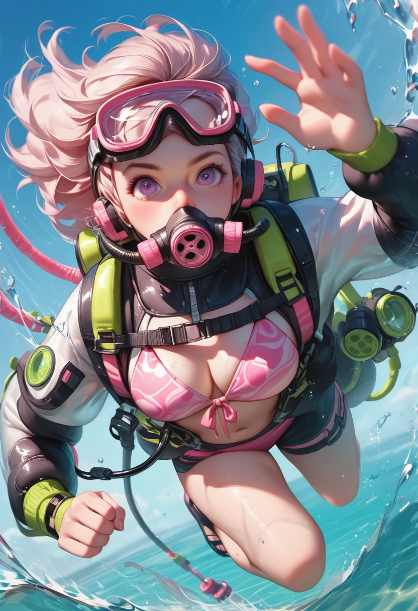 scubagear, diving mask, pink bikini, diving goggles, scuba tank, action pose, best quality, masterpiece, 5 fingers, 1girl, comic style, swimming,