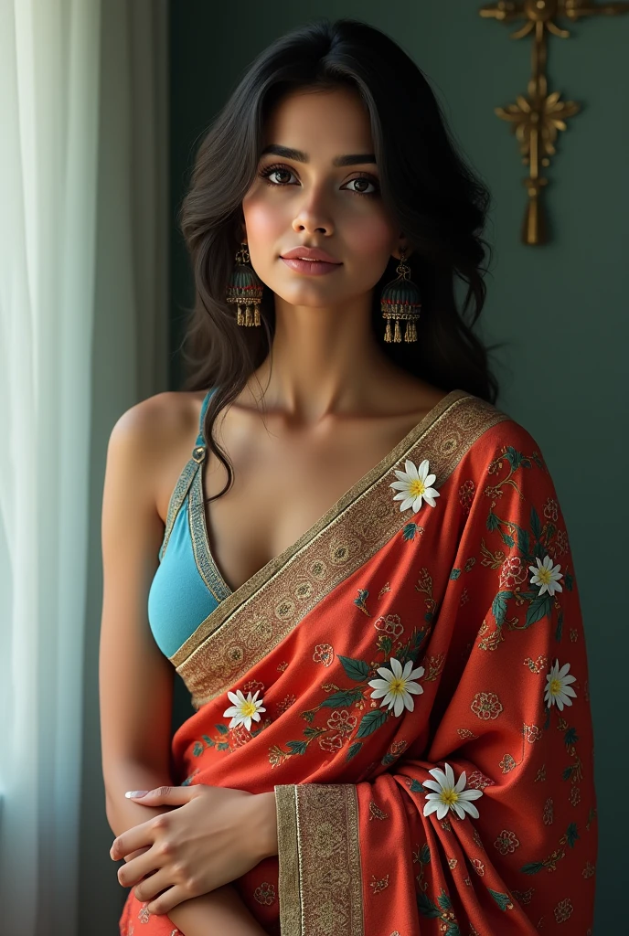 (photorealism:1.2), beautiful  Indian  saree women with only blue under wear with flowers 