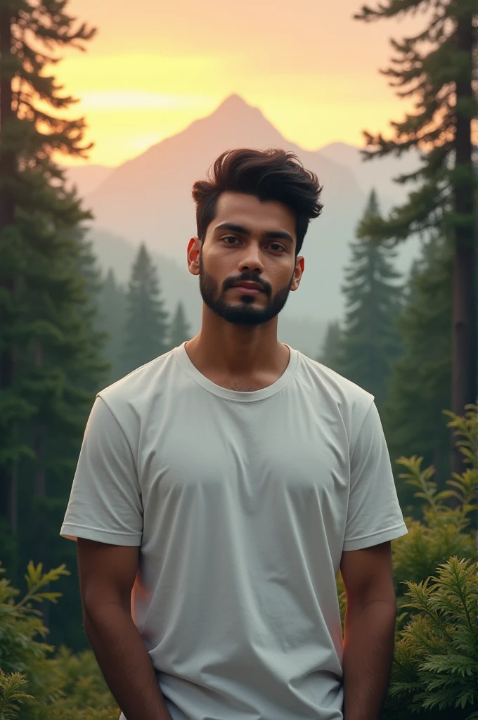 Aaryan Verma  name on  man causely white T-shirt into forest and mountain background Sun sunset