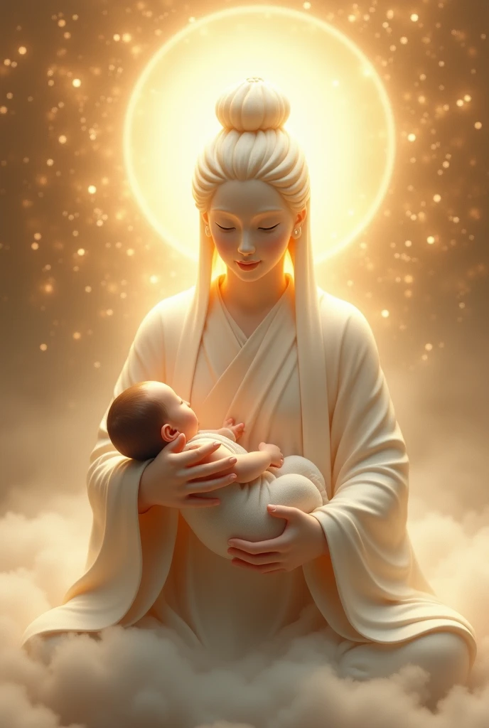 (((Japanese style))),Baby being held by Kannon,god々Shining brightly,A soothing atmosphere,peace,Milky mist on the entire screen,High-definition and detailed depiction.