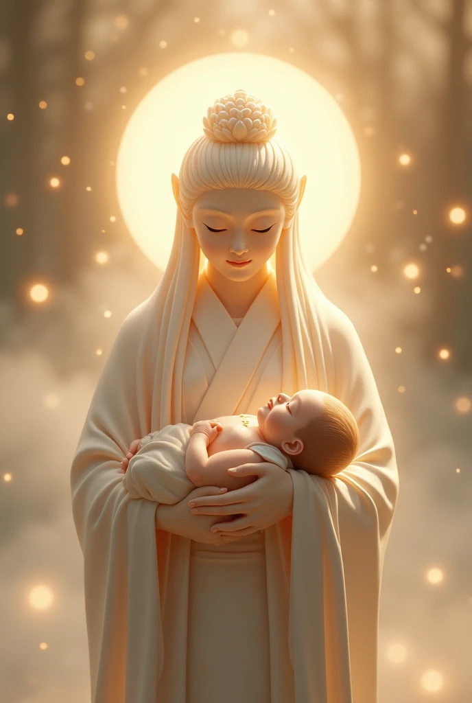 (((Japanese style)))，Baby being held by Kannon，god々Shining brightly，A soothing atmosphere，peace，Milky mist on the entire screen，High-definition and detailed depiction．