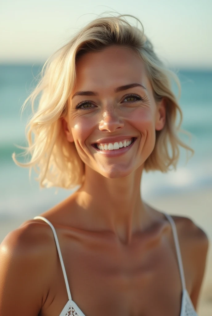 A captivating Caucasian woman with a radiant complexion and natural smile, aged 40, blonde, her cropped hair framing her heart-shaped face as she stares directly into the camera, her symmetrical eyes sparkling with warmth. large breasts visible in a swimsuit. she's got small curves. Soft ambient lighting accentuates the texture of her flawless skin, reminiscent of Sandra Bullock's porcelain doll features. Her navel is subtly visible, adding to her elegant milf appeal. Framed in 8K on a DSLR, the high-quality lighting and subtle grain of the film evoke award-winning photography, highlighting the outstanding imaging capabilities of the Fujifilm XT3. on the beach