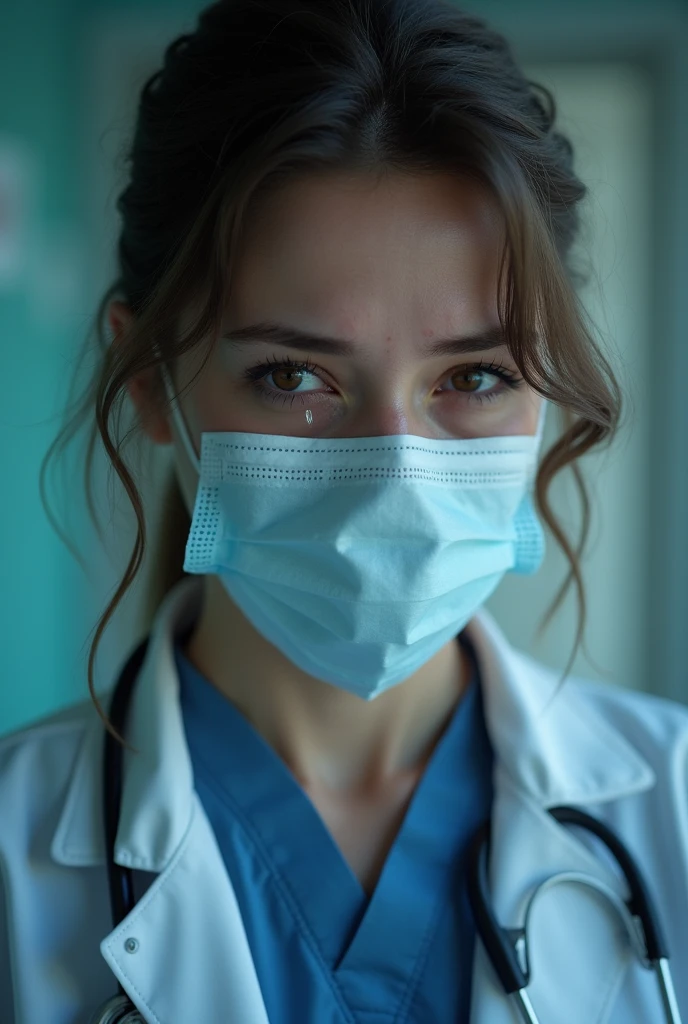 Girl doctor wearing face mask is crying, tears are coming from her eyes