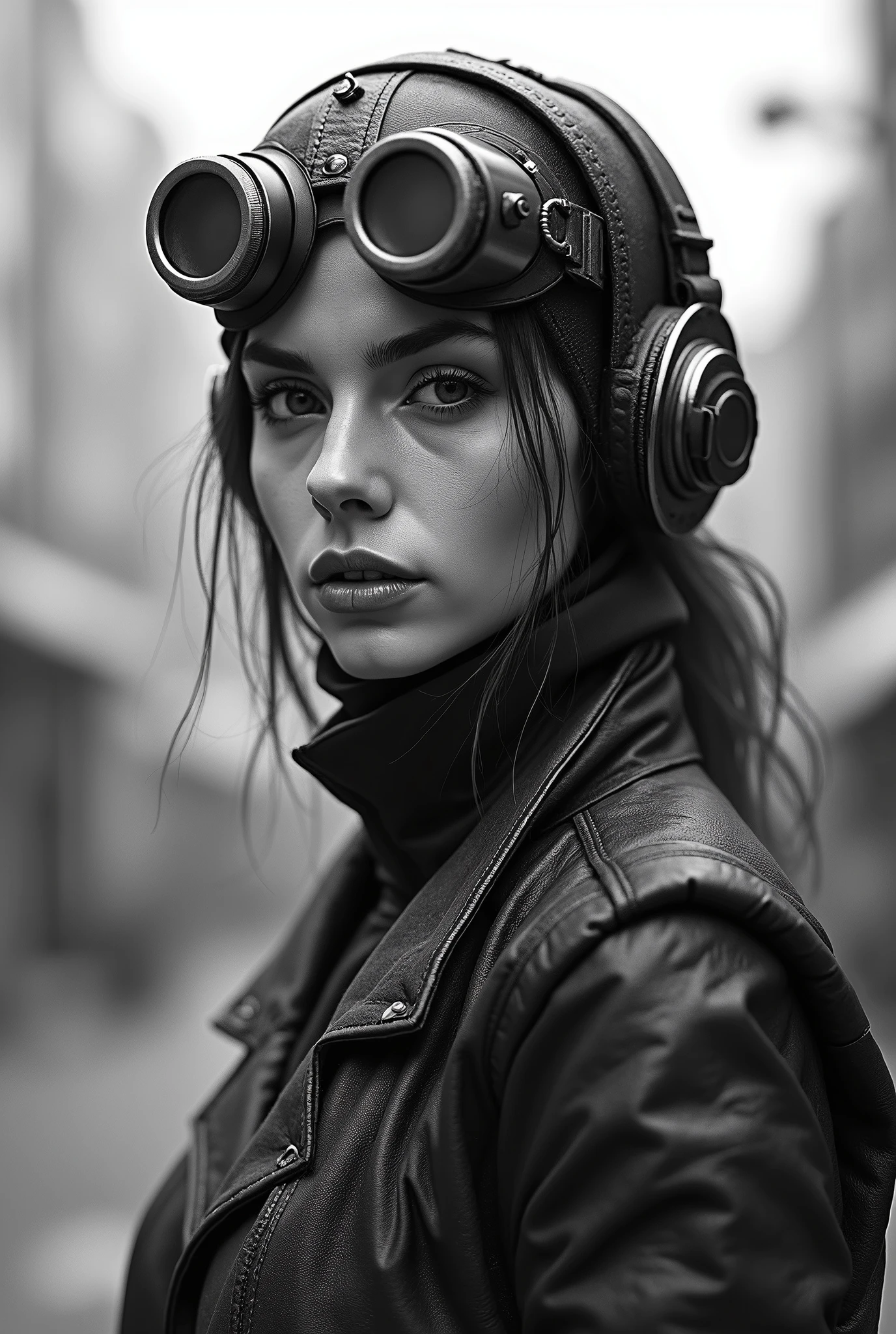 (Realistic), (Postapocalyptic woman:1.2), full body view, (looking the camera:1.1), detailed European features, ((steampunk-style goggles)), ((steampunk city in the background)), raw black-white photo, analog style, ilford delta 400, ultra-detailed photography, cinematic lighting, soft focus, high resolution, lifelike skin, detailed eyes, (steampunk fashion:1.2), mechanical gears, (advanced technology:1.1), futuristic atmosphere