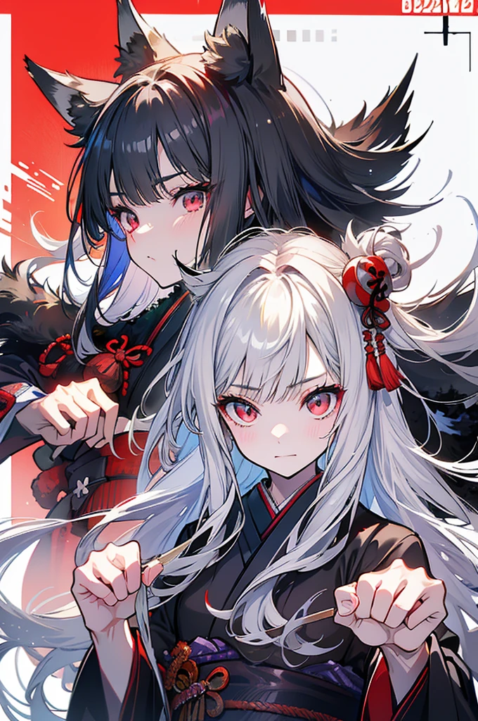 high quality, Wolf Ears,Black kimono,Gray Hair,Long Hair, Seductive red eyes,nice,Japanese style,Fight,martial arts,fist,fistのFight,movie,Fightfield,karate,截fist道,fistを構える,Finding