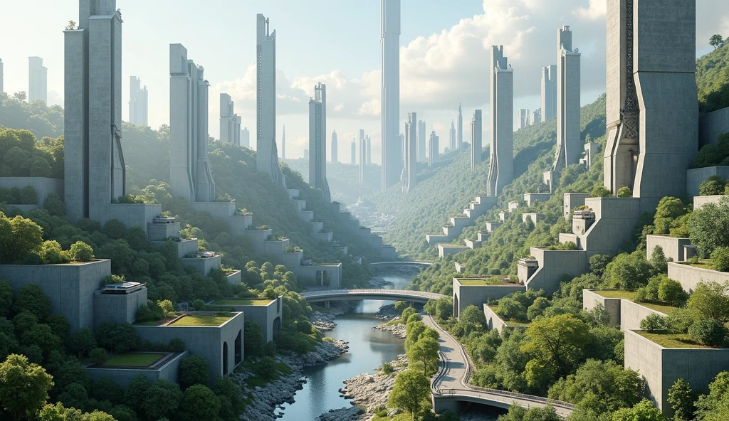 Design a utopian city where every building, road, and structure is made concrete, creating a safe, sustainable, and resilient environment.