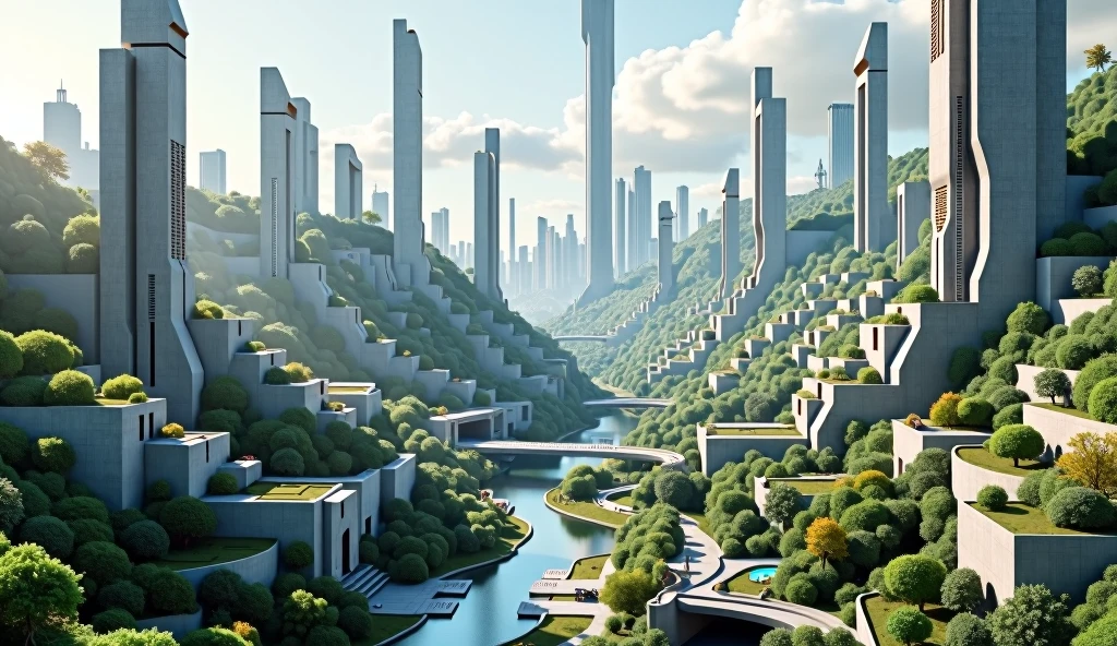 Design a utopian city where every building, road, and structure is made concrete, creating a safe, sustainable, and resilient environment.