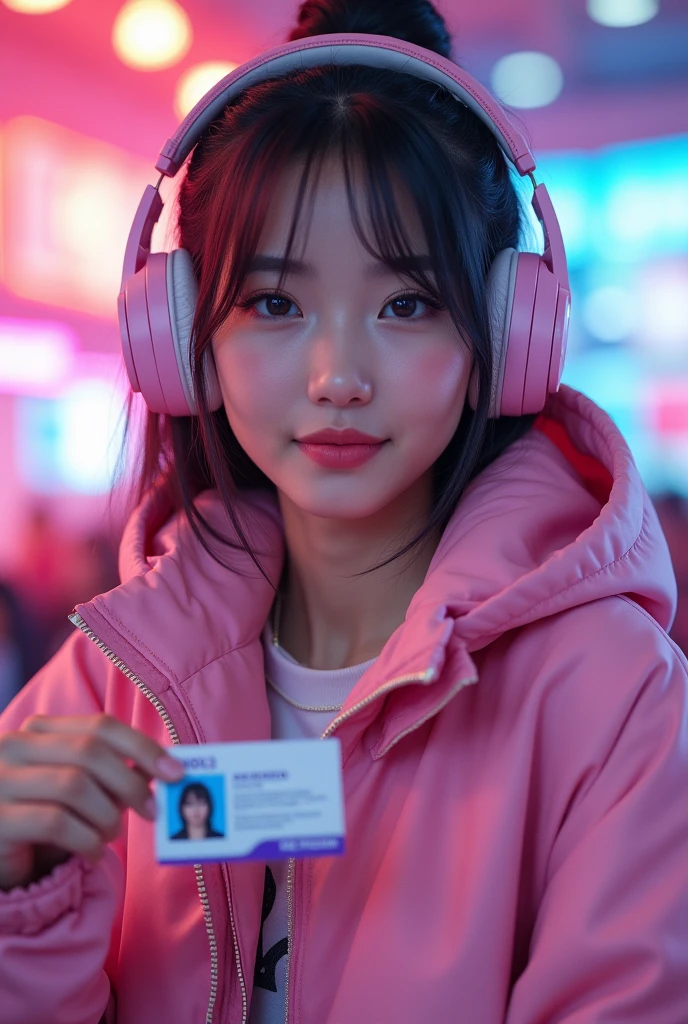 une femme asiatique à la mode portant des écouteurs et une veste rose, Un pastel inspiré par Jang Seung-eop, tendance sur la société cg, le réalisme, wearing a casque de jeu, wearing casque de jeu, acquiesça, casque de jeu, Bokeh allemand d'art 8K, Fille portant des écouteurs, avec des écouteurs, style e-sport, banderole Twitch, belle femme sud-coréenne une femme asiatique à la mode portant des écouteurs et une veste rose, Un pastel inspiré par Jang Seung-eop, tendance sur la société cg, le réalisme, wearing a casque de jeu, wearing casque de jeu, acquiesça, casque de jeu, Bokeh allemand d'art 8K, Fille portant des écouteurs, avec des écouteurs, style e-sport, banderole Twitch, belle femme sud-coréenne. Tenant une carte d'identité dans sa main