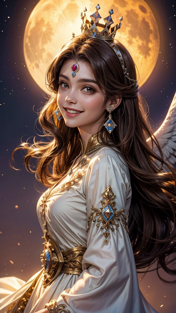 Background full moon, faintly shining angel, princess, crown, rainbow colored, spiritual beauty, positive, up, smiling, Brown Hair, Earrings, 