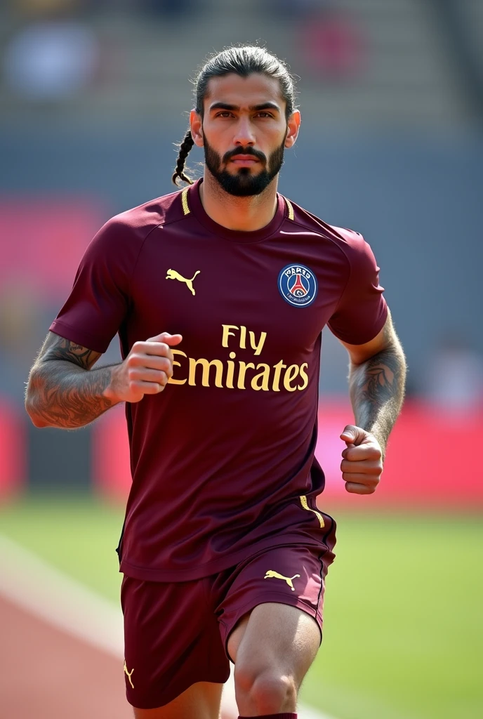 Full body view Young white Muslim man thick lips athletic body masculine energy and sexy defined chin trimmed beard braid with gradient on the sides colorful tattoo wearing a burgundy PSG training uniform with golden letters and symbols, burgundy shorts and white heels, in the training camp doing a race