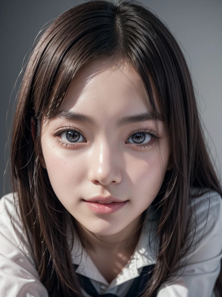 Beautiful Japanese Woman, soft skin and perfect face, A small face with a nose and rosy lips, Beautiful Eyes, Beautiful smile. black, Surrounded by a bright, ethereal glow、Thin, long, beautiful hair. A loose, medium hairstyle with gradation highlights and grey layers, Navy band collar shirt x yellow houndstooth flare skirt, Bright neon colorful background, Hyperrealistic female photos, High quality high resolution 8K masterpiece