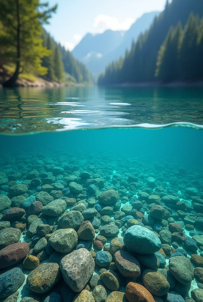"Create a cinematic 4K image, DSLR Canon style, of a crystal-clear lake. Show the lake water with such clarity that the bottom is visible, revealing thousands of colorful gemstones, such as rubies, emeralds, sapphires, and amethysts. The scene should highlight the beauty and richness of the gemstones at the lake's bottom, with light reflecting and refracting through the water to create a stunning visual effect."