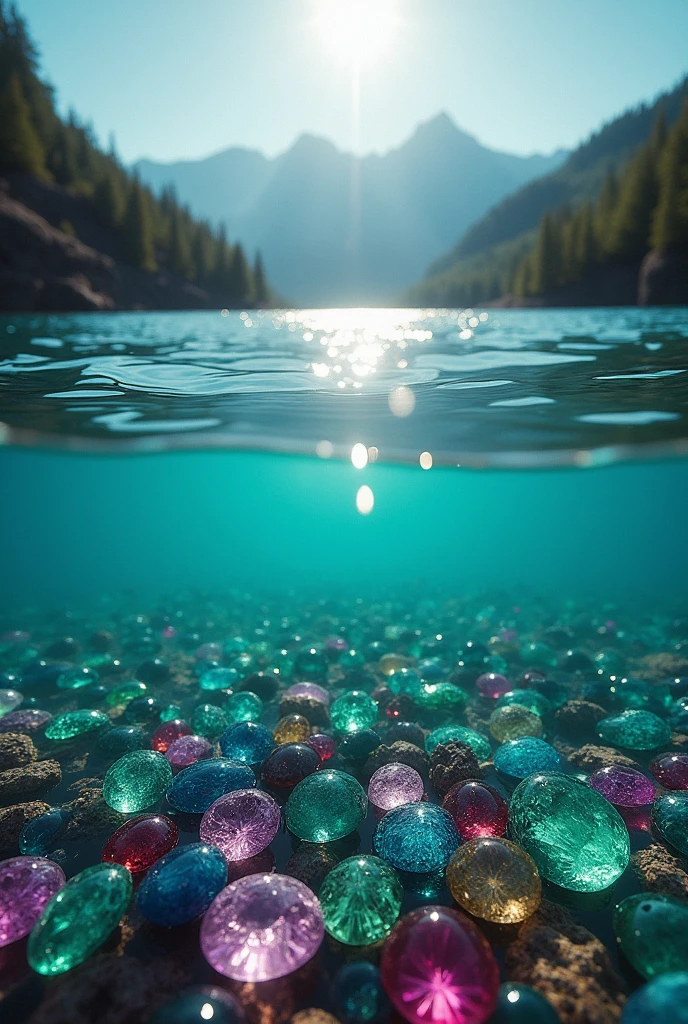 "Create a cinematic 4K image, DSLR Canon style, of a crystal-clear lake. Show the lake water with such clarity that the bottom is visible, revealing thousands of colorful gemstones, such as rubies, emeralds, sapphires, and amethysts. The scene should highlight the beauty and richness of the gemstones at the lake's bottom, with light reflecting and refracting through the water to create a stunning visual effect."