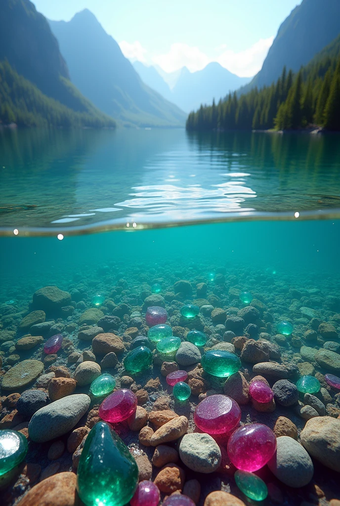 "Create a cinematic 4K image, DSLR Canon style, of a crystal-clear lake. Show the lake water with such clarity that the bottom is visible, revealing thousands of colorful gemstones, such as rubies, emeralds, sapphires, and amethysts. The scene should highlight the beauty and richness of the gemstones at the lake's bottom, with light reflecting and refracting through the water to create a stunning visual effect."