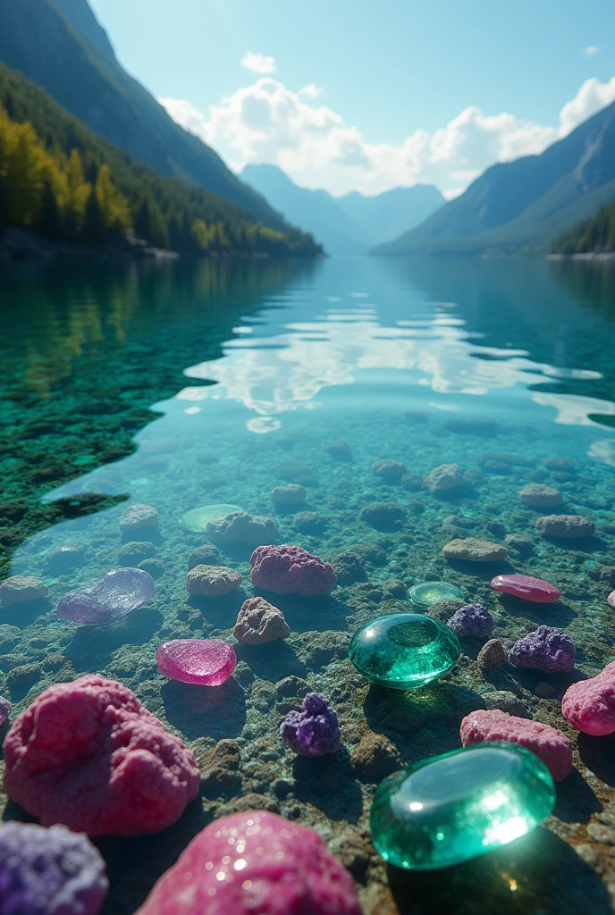 "Create a cinematic 4K image, DSLR Canon style, of a crystal-clear lake. Show the lake water with such clarity that the bottom is visible, revealing thousands of colorful gemstones, such as rubies, emeralds, sapphires, and amethysts. The scene should highlight the beauty and richness of the gemstones at the lake's bottom, with light reflecting and refracting through the water to create a stunning visual effect."
