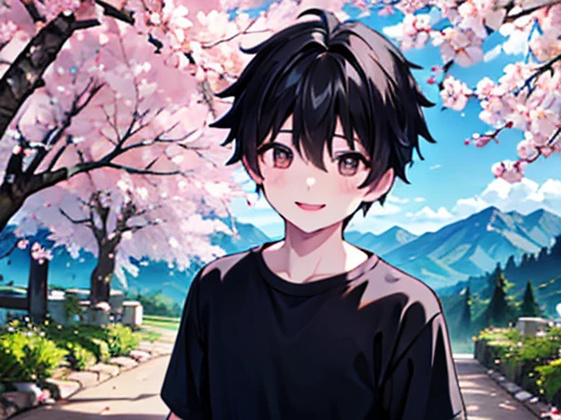 1 boy, Mountain, Black short hair, He is wearing a grey shirt, He is looking cherry blossoms, He smiles gently