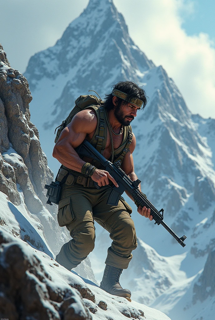 rambo wearing army pants headband holding a gun climbing a high mountain