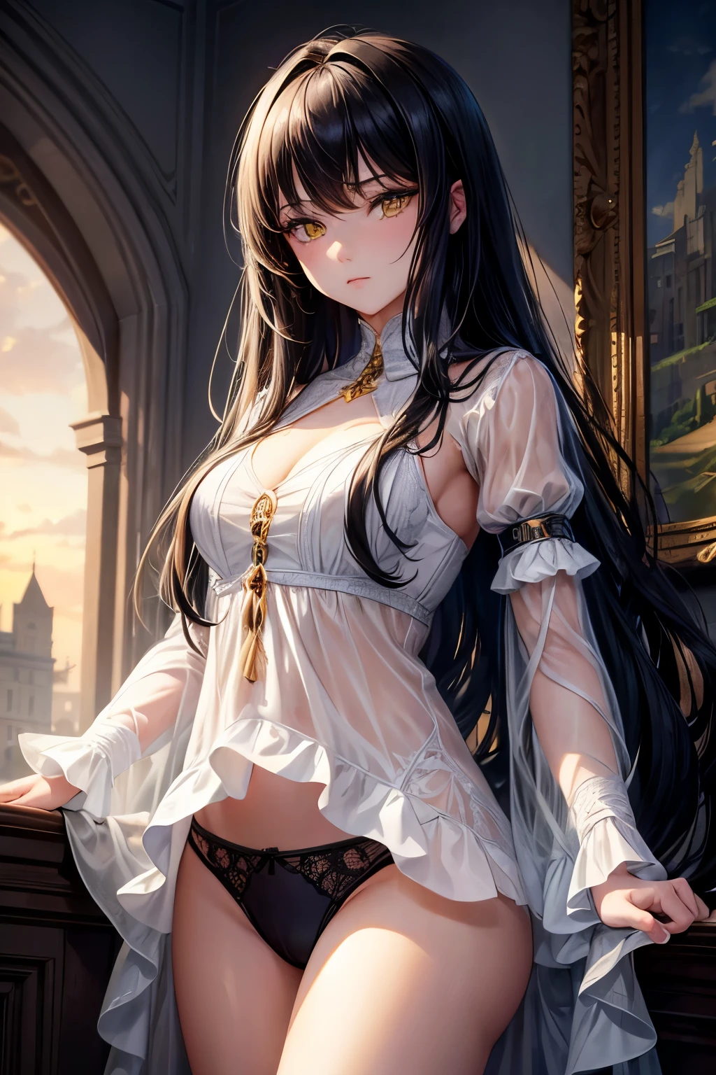 1 girl, intricate details, masterpiece, best quality, extremely detailed, cinematic lighting, beautiful detailed lighting, exquisite beautiful face and eyes, 8k, dark intense shadows, yellow eyes, medium long hair, black hair, Bangs, flowing hair, white shirt, expressionless face, underwear, panties, spotlight, sunlight, sunrise, gradient sky, city, lens flare, cowboy shot, [[bend]], [become]