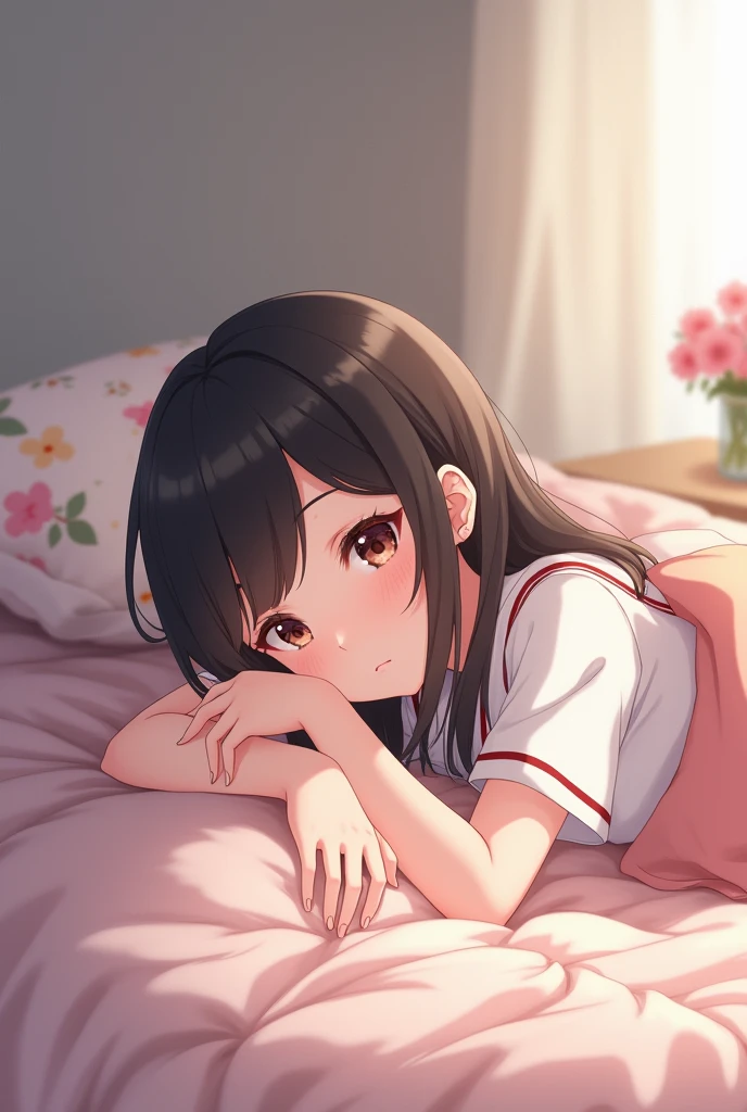 anime girl lying on her stomach on the bed