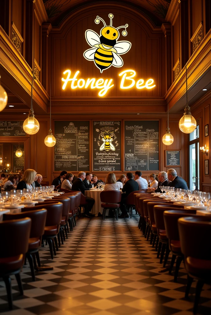 Overview 1 large LUXURY restaurant located in Ohio , LUXURY sign BBQ HONNEY BEE . Below is a board with a picture of a cute bee. , there are many guests