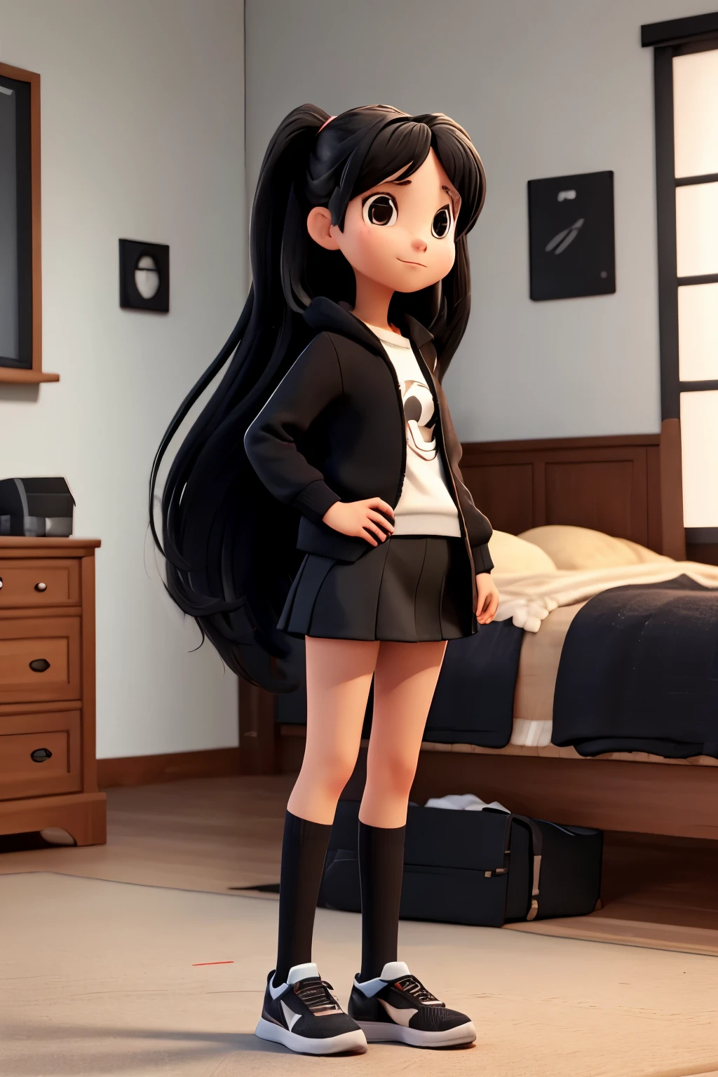 Girl with long black hair with a black miniskirt Black sweatshirt and big socks tennis shoes 