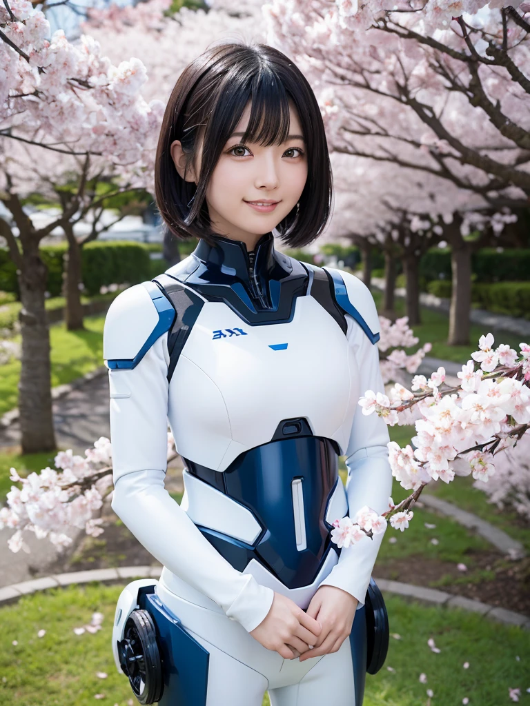 Japanese female android,Black Hair,White and blue robot suit,Plump,Posing under a row of cherry blossom trees in full bloom,smile,SakuraFubuki