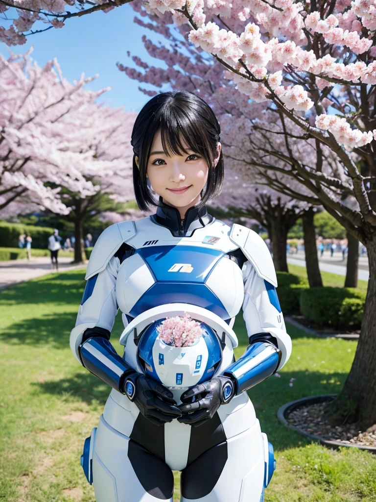 Japanese female android,Black Hair,White and blue robot suit,Plump,Posing under a row of cherry blossom trees in full bloom,smile,SakuraFubuki