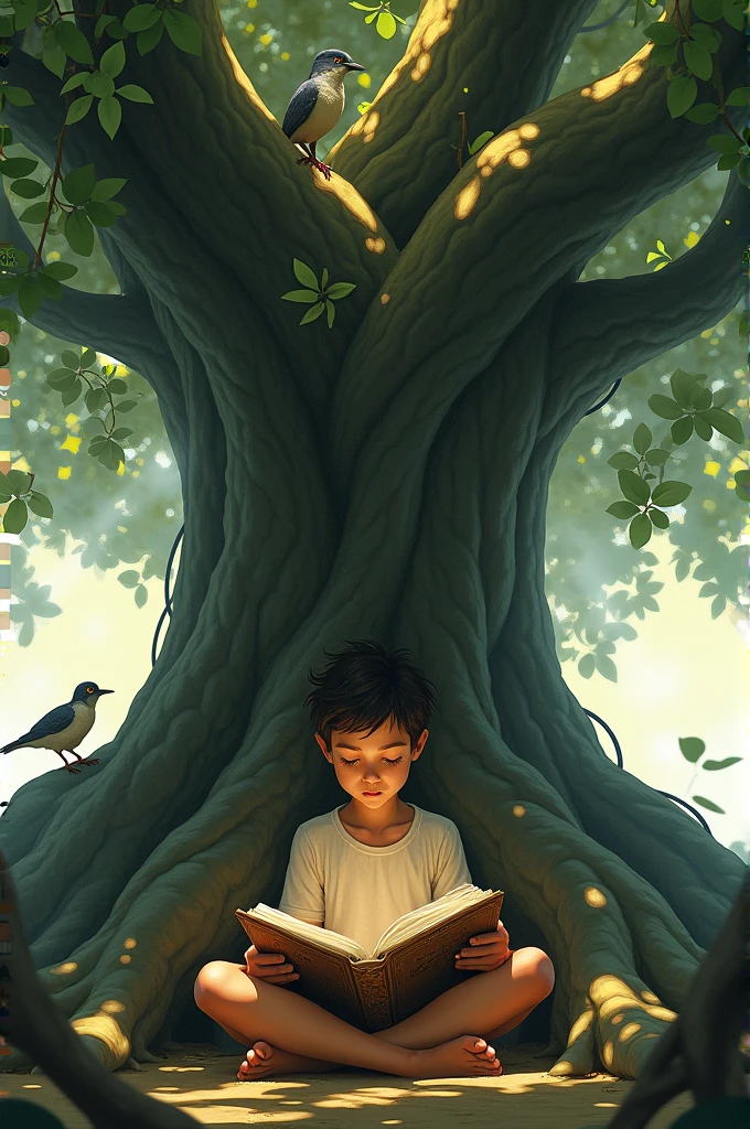 A young boy sits cross-legged under a large, old banyan tree, focusing intently on a torn and faded book. The tree's massive roots spread out around him, and the sunlight filters through the dense canopy of leaves, casting dappled shadows on the ground. The boy is surrounded by the peaceful, quiet atmosphere of early morning, with a few birds perched on the branches above.