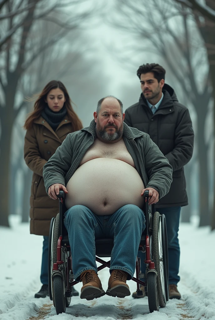 A young man with an enormous belly is sitting in a wheelchair. A women is driving the wheelchair.
In the background is a winter park. The young man’s belly is so big that he fills out the entire wheelchair. They look very sad.