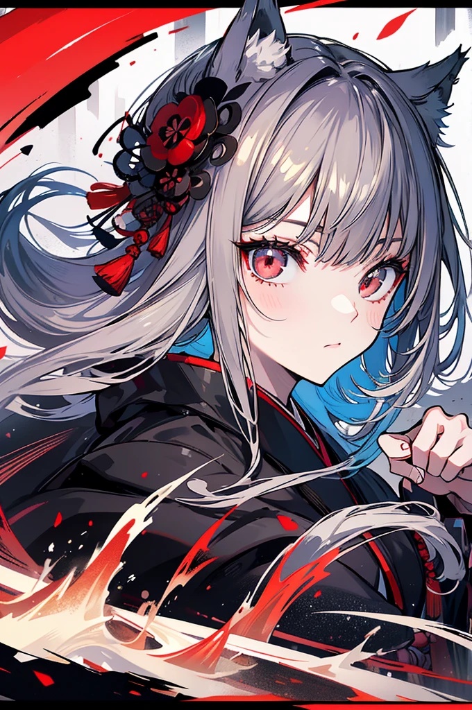 high quality, Wolf Ears,Black kimono,Gray Hair,Long Hair, Seductive red eyes,nice,Japanese style,Fight,martial arts,fist,fistのFight,movie,Fightfield,karate,截fist道,fistを構える,Finding