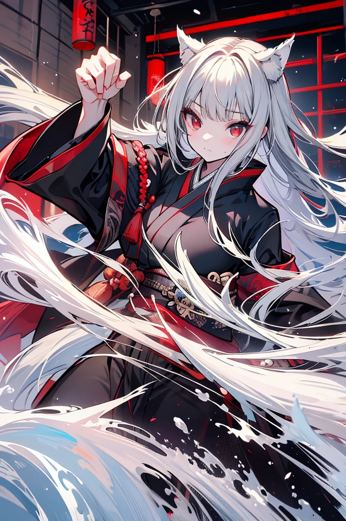 high quality, Wolf Ears,Black kimono,Gray Hair,Long Hair, Seductive red eyes,nice,Japanese style,Fight,martial arts,fist,fistのFight,movie,Fightfield,karate,截fist道,fistを構える,Finding