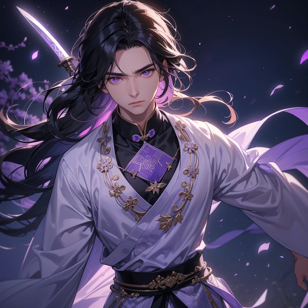 a Handsome black-haired male holding a large sword in white-violet ancient Chinese costume, background is a dark moonless night, with dry trees in the background, and purple glowing light, close up.