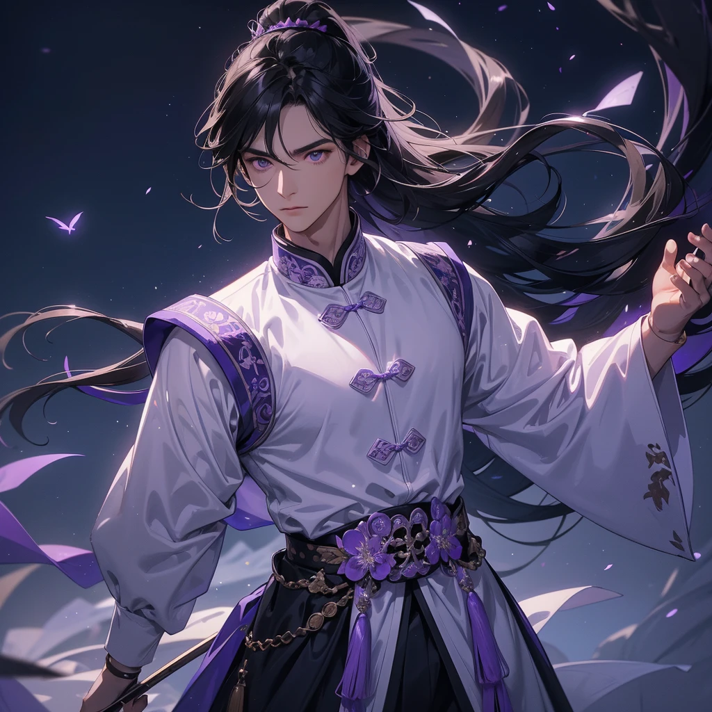 a Handsome black-haired male holding a large sword in white-violet ancient Chinese costume, background is a dark moonless night, with dry trees in the background, and purple glowing light, close up.