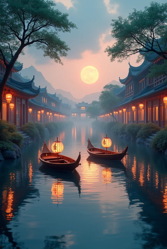 a couple of boats that are in the water, a picture, by Yang J, river gorgeous lighting, 🚿🗝📝, dreamy chinese town, at dusk!, author unknown, chinese architecture, very detailed paradise, floating chinese lampoons, 2 0 2 3, canals