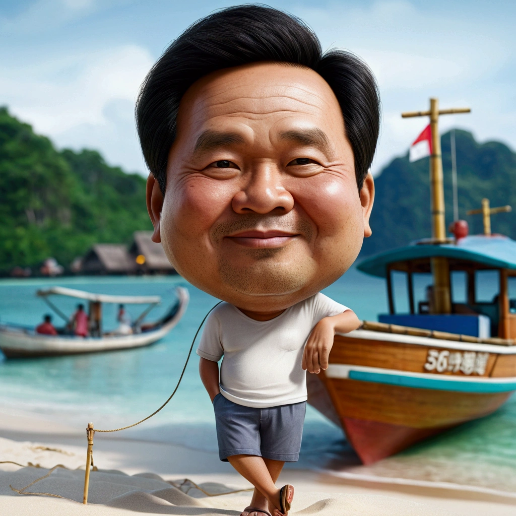 Realistic 4D caricature photo, big head, a middle-aged man with an Indonesian face, 50 years old,,clean face, round face,body is a bit chubby,wearing a farmer's hat made of woven bamboo,,wearing a white t-shirt, shorts, flip-flops, standing pose while leaning on a fishing boat, beautiful white sand beach background