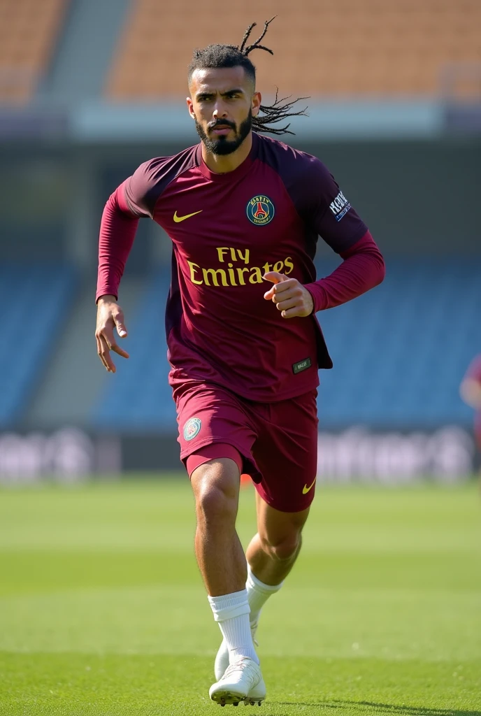 Full body view Young white Muslim man thick lips athletic body masculine energy and sexy defined chin trimmed beard braid with gradient on the sides colorful tattoo wearing a burgundy PSG training uniform with golden letters and symbols, burgundy shorts and white heels, in the training camp doing a chase