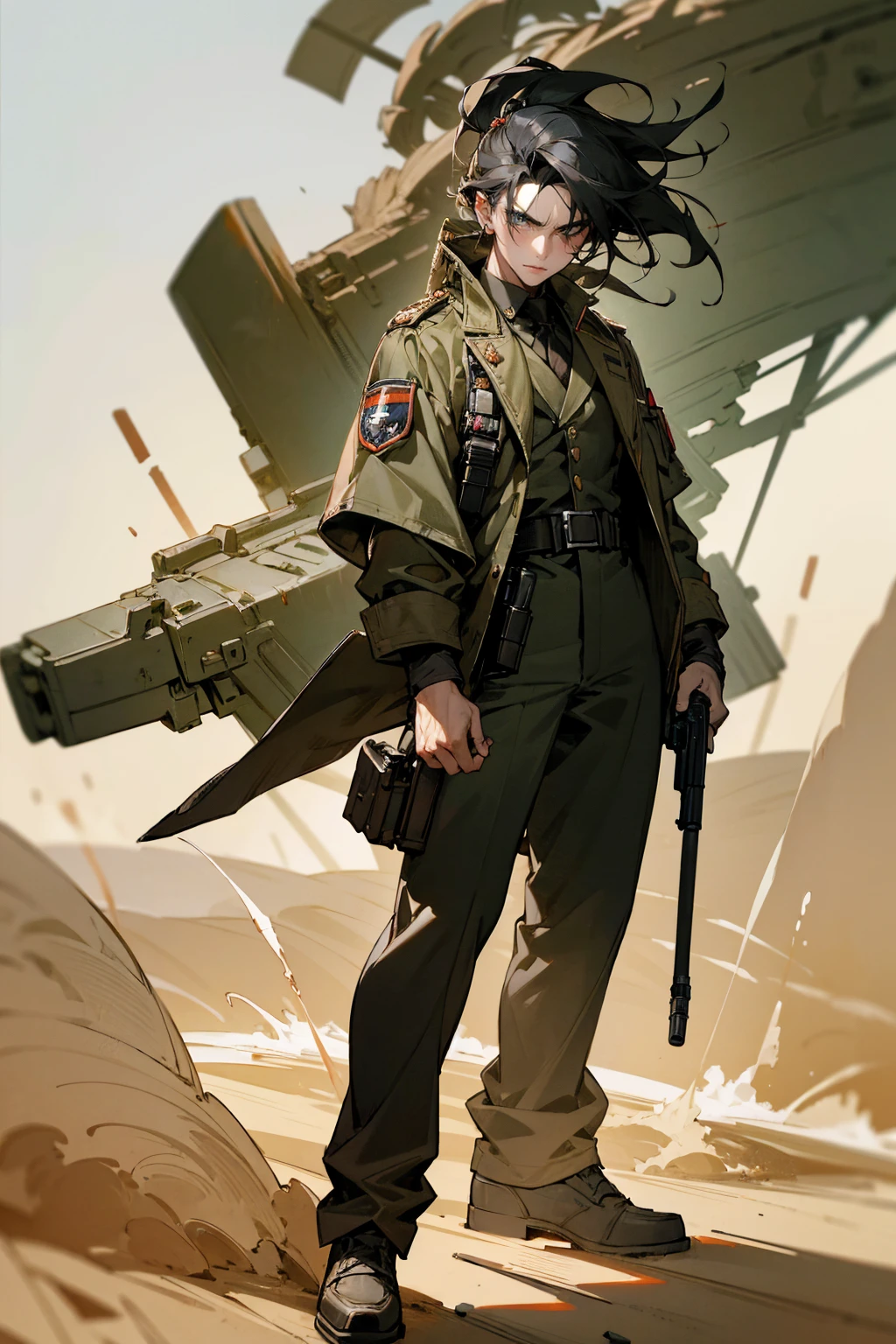 Masterpiece Quality, Perfect Generation, Sclera, Detailed Eyes, Skin, , , Soldier Clothing, Random Expression, , Battlefield Background, Full Body, Clothed, Hair Tie, Mad, Standing, strong, , eyes, , masculine, t, , scars, Male, military hair, gun, Random hair, colorfu