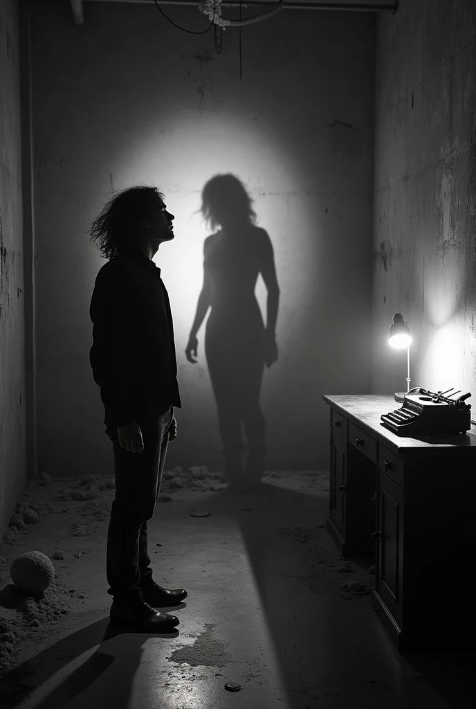 A b&w long shot of a man from behind facing a blank wall. He is wearing a black shirt and is 23 years of age. The man has long messy unkempt hair and is tilting his head facing the wall, mimicking a hanged dead body. He is in a dark,
dilapidated destroyed room with no light. It is a horror setting. The shadow of a girl in the same tilting pose appears much bigger on the wall. Both shadows are seen on the wall illuminated by lightning off-screen. The man's back is seen while he is facing the wall and the woman's shadow is only seen on the same wall in the same pose. They are tilting their heads. The girl's shadow is of a
hanged dead body with a tilted head. The girl's shadow is not on the side but the middle of the wall and appears with a tilted head. The man is 6 feet tall. The wall is not broken and there is a typewriter on a table on the side. There
is no noose in the shadow. The girl's hands are forming a fist. She is in the same pose as the man. The girl is 25 years of age. The man is close to the wall and the girls shadow comes from behind in the center of the wall. There are empty picture frames on the wall too. The room has a marble floor and a typewriter on a study table with a desk lamp
